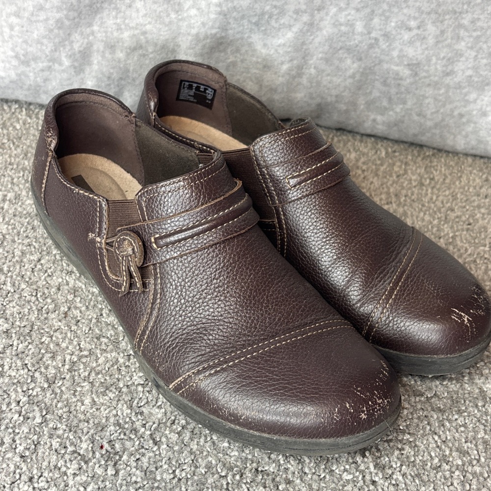 Clarks Loafers Womens 9 brown Leather Slip On Comfort Wedge Shoes casual
